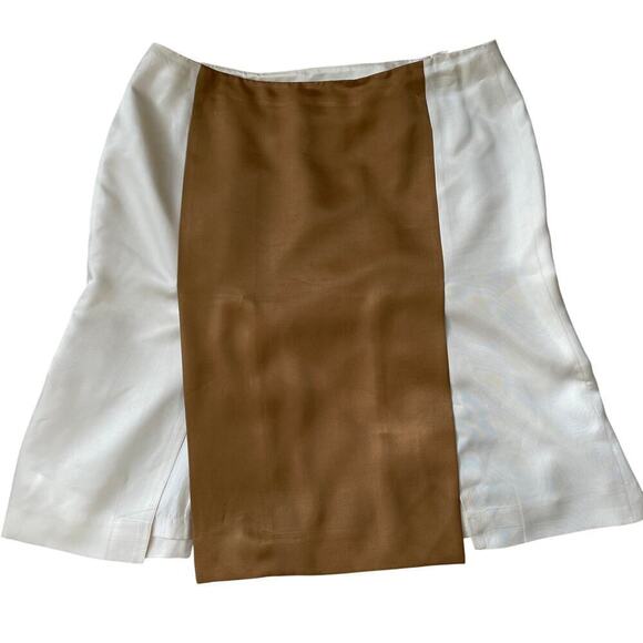 AKRIS 100% Silk Color Block Skirt | Brown, Cream US 10, F 42, D 40, Vents $1590 - Picture 1 of 11
